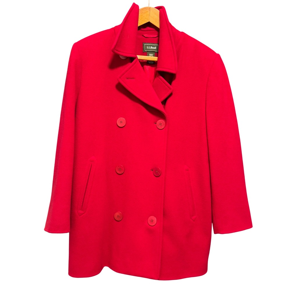 LL Bean Women's Petite Red Wool Cashmere Blend Double Breasted Pea Coat Size 12